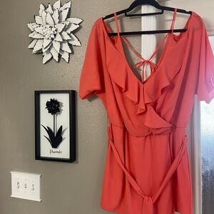 Premier Coral Tie-Back Ruffled Romper Sz 16 ( women’s Sz XL )